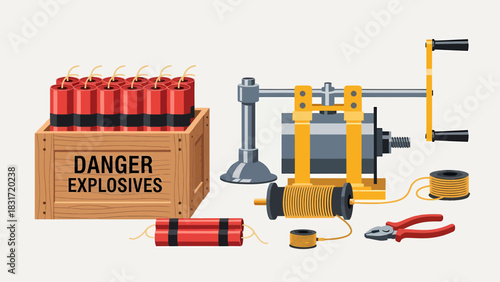Dynamite And Detonator Concept, Industrial Explosives And Detonator Box