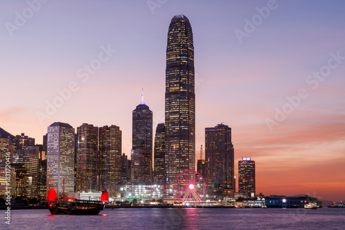 Photography Hong Kong city skyline at sunset with glowing sky and skyscrapers