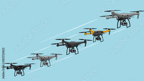 Group Of Drones Flying Against Light Blue Backdrop