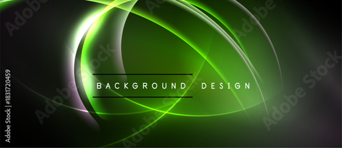Abstract neon lines create dynamic green glow. Dark background emphasizes flowing curves, modern design elements.