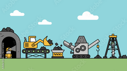 Mining Industry Process With Heavy Machinery Illustration Cartoon Style