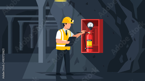 Mining Safety Inspection Worker Checking Fire Extinguisher in Dark Underground