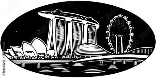 Singapore skyline silhouette, Marina Bay Sands, Supertree Grove, ArtScience Museum, Singapore Flyer, iconic landmarks, black and white, vector style, minimal design, travel, architecture.