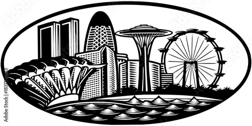 Singapore skyline silhouette, Marina Bay Sands, Supertree Grove, ArtScience Museum, Singapore Flyer, iconic landmarks, black and white, vector style, minimal design, travel, architecture.