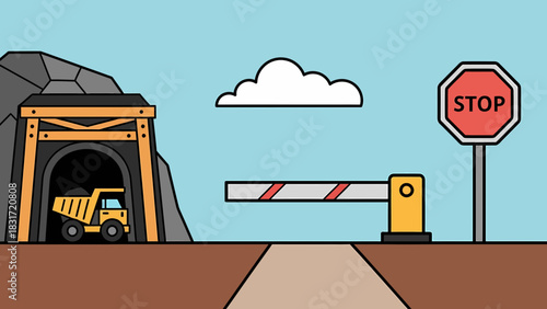 Stylized Mining Landscape With Truck And Stop Sign Cartoonish
