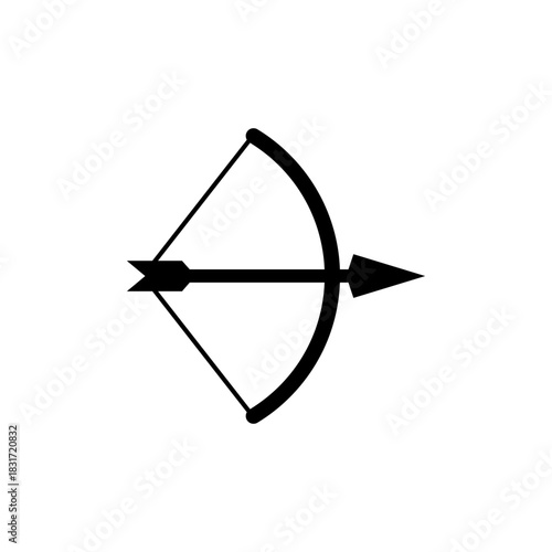 Bow and arrow crossed and drawn. Simple black silhouette vector icon of a drawn bow with an arrow aimed and ready to launch. Minimalist isolated illustration on white background.