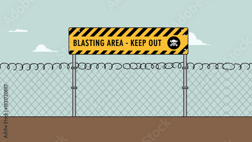 Warning Sign Near Blasting Area With Barbed Wire Fence Isolated