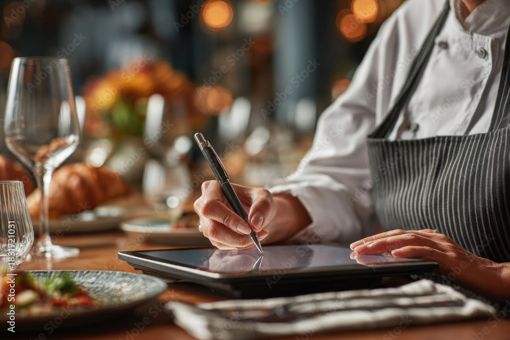 Fototapeta premium A restaurant manager takes notes on a digital tablet behind the bar