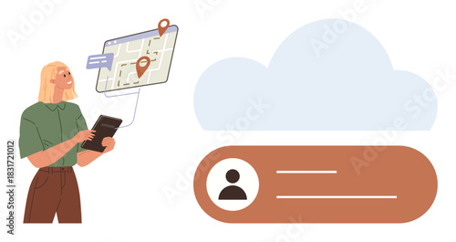 Woman holding tablet with a digital map and location pins. Cloud storage and user profile displayed. Ideal for navigation, cloud-based solutions, travel, user profiles, data storage, technology