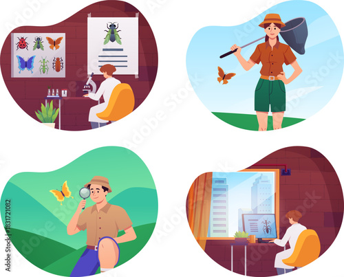 A set of individual frames depicting entomologists studying insects.
