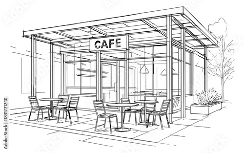 Modern linear outdoor cafe design with patio seating
