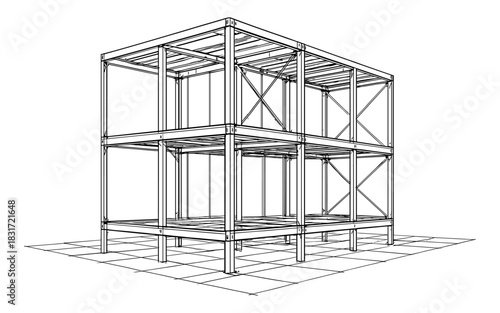 Wireframe structure of a modern steel frame building design