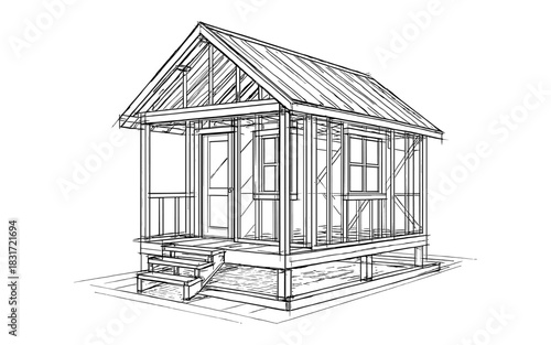 Tiny house blueprint: detailed architectural line art of small cabin design
