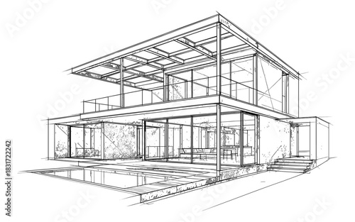 Modern architectural sketch of minimalist house with open spaces and pool