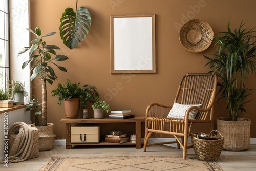 Bohemian living room interior with wicker chair, house plants, and blank frame offers warm, inviting, and stylish design possibilities for your projects