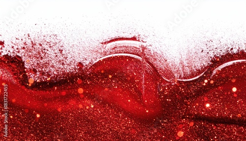Abstract vibrant red glitter texture with sparkling bokeh lights and fluid motion.