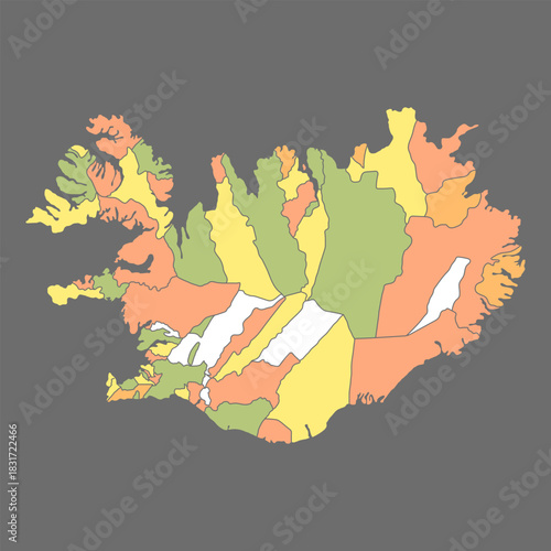 Iceland map colorful regions. Iceland map flat vector design.