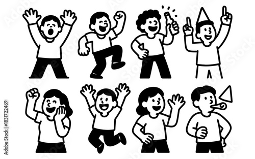 Cartoon character celebrations: flat style happy icons of expressive people in black and white