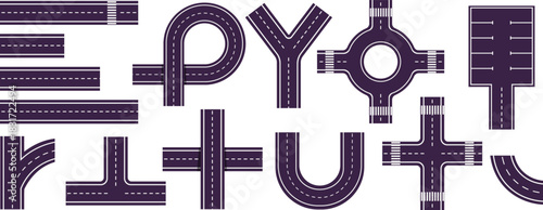 Street road top view, crossroads collection, vector highway asphalt road with dividing dotted lines, roadway from above