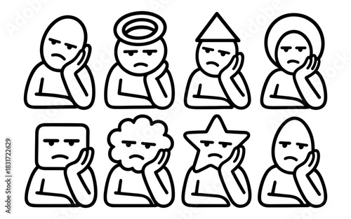 Minimalist faces with unique symbols: expressions of boredom and personality