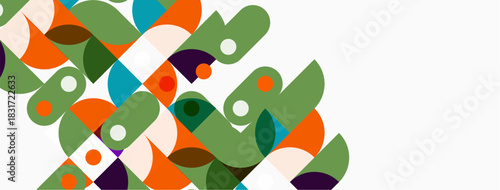 Abstract geometric shapes overlap, creating vibrant composition. Greens, oranges, blues dominate neutral background. Modern design elements present.