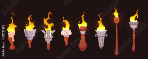 Medieval torch with burning fire collection, cartoon game ancient flambeau fire stone, iron and wooden stick vector set