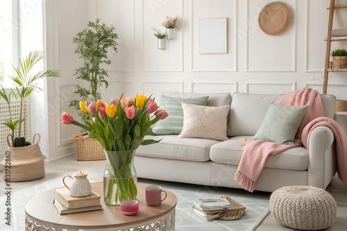 Brighten your home with a stunning tulip bouquet in a cozy living room, perfect for springtime vibes and modern interior design inspiration