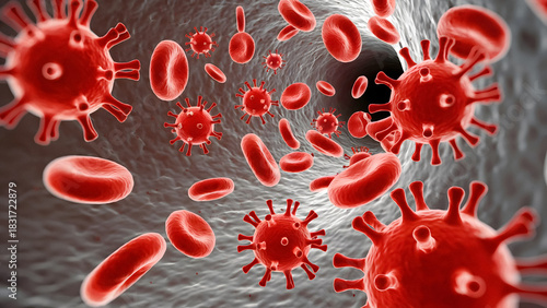 Wallpaper Mural Vibrant red blood cells and viruses flow through a vessel showing infection and immune response Torontodigital.ca