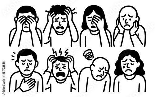 Set of linear style emotions: stress, anxiety, sadness, and frustration illustrations