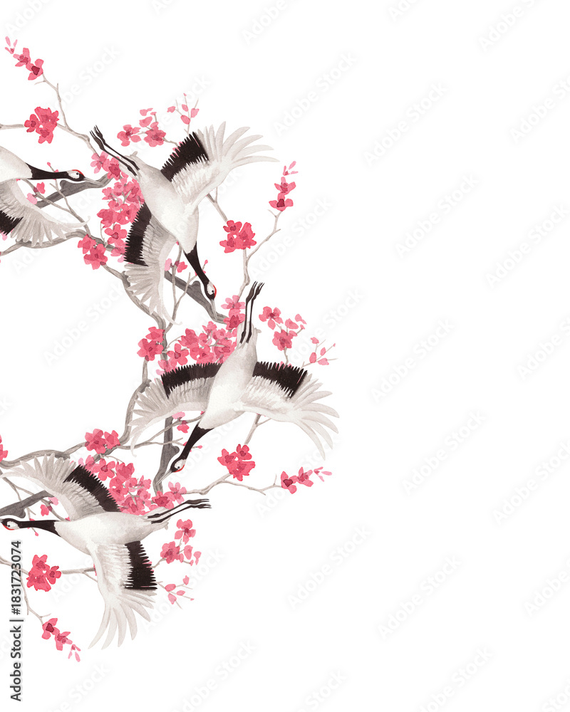 Obraz premium Frame of japanese cranes and sakura branches. Watercolor handmade illustration. For fabric, wallpaper, greeting cards, design, decoration and illustration.