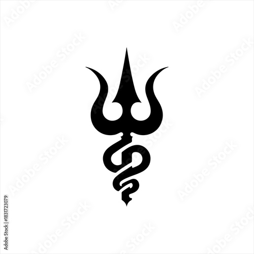 Black trident symbol intertwined with a serpent on a white background