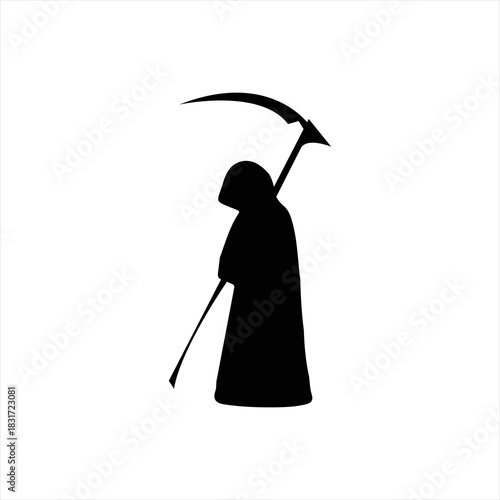 Grim reaper silhouette with scythe on white background
