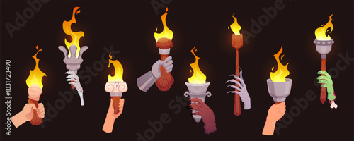 Human, animal, zombie hands holding burning torches vector set, cartoon fiery flames flambeau with decorated holders