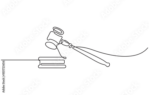 Continuous one line drawing of Law judge hammer Illustration, isolated on transparent background.