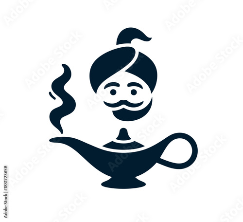 A stylized illustration depicts a genie emerging from an oil lamp, representing magic and wishes.