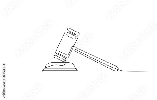 Continuous one line drawing of Law judge hammer Illustration, isolated on transparent background.