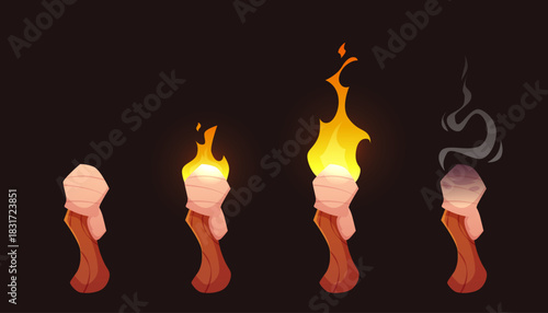 A set of medieval wooden torches: flameless, flaming, and extinguished with smoke.