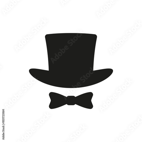 Top hat icon with bow tie. Cylinder hat. Vector silhouette and illustration on a white background.