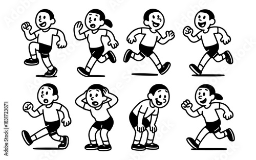 Cartoon characters portraying diverse running and exercise poses in black and white