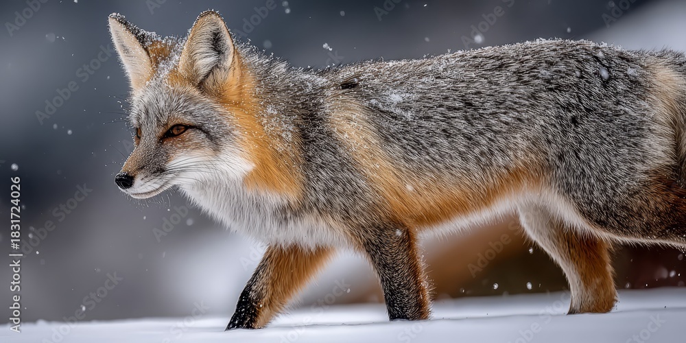 Obraz premium Stunning Gray Fox Foraging For Food in a Snowy Wilderness Landscape, Capturing Nature s Beauty