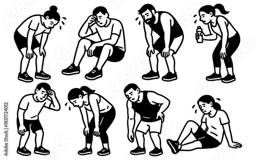 Exhausted exercise: tired people resting after workout in black and white style