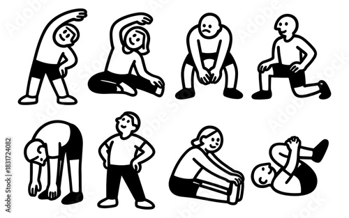 Diverse fitness exercises in playful black and white cartoon style