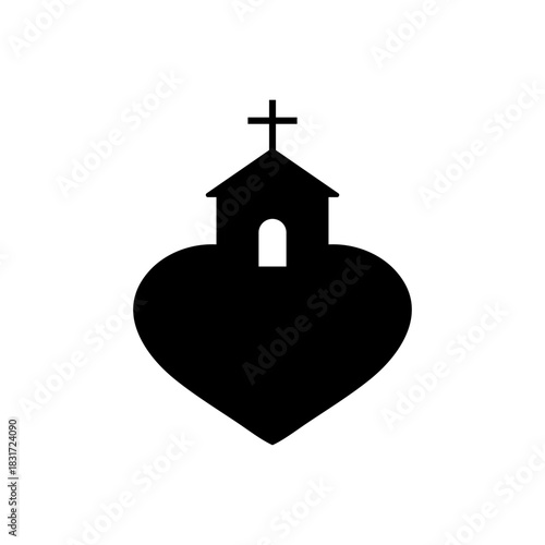 Church heart icon with religious cross and building. Vector illustration. 