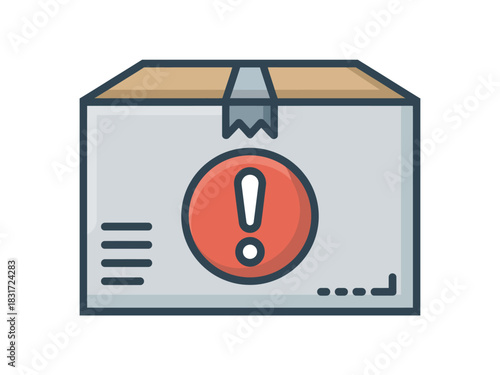 A cardboard box with an exclamation mark symbol indicates a warning or alert for the package.