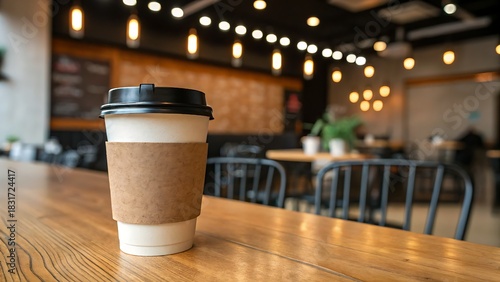 white paper coffee cup mock up on cafe coffee in a disposable cup with a sleeve rests on a light wooden table background