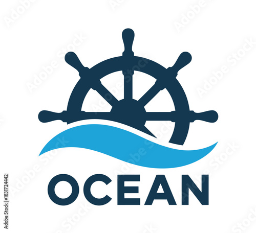 A ship's wheel steering through a blue wave with the word OCEAN below