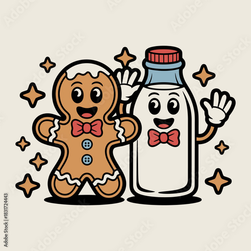 Cute Gingerbread and Milk Friends Cartoon Illustration