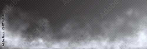 Fog, smoke, mist, and steam on transparent background, panoramic view, vector design