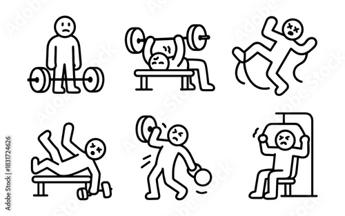 Humorous gym fail icons: workout mishaps in simple line art