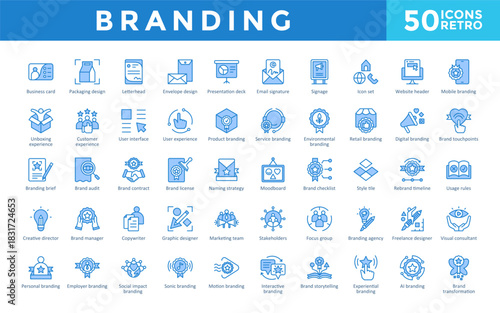 Branding icons set with business card, packaging design, letterhead, envelope design, presentation deck icon. Simple retro vector. Editable stroke
